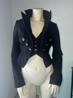 VTG Filmore Black Double-Breasted Cropped Military Y2K Festival Jacket. Size S.